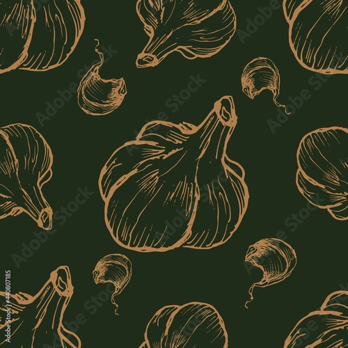 garlic vegetables vector graphics. Sketch doodle illustration hand drawn print textile. Vintage retro patern seamless set clipart spicy condiments foods
