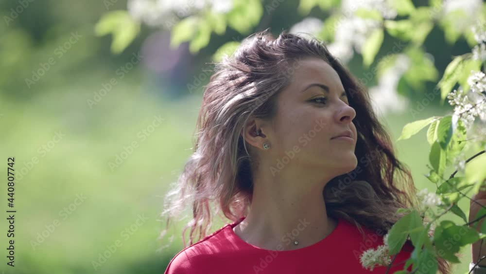 relaxed woman is smelling blooming jasmine tree in spring garden at sunny day relaxed woman is smelling blooming jasmine tree in spring garden at sunny day
