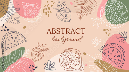 Fresh fruits, vegan, vegetarian food. Editable frames, web templates. Elegant background. Layout for business. For restaurant, cafe, food festival, fashion shops, brand. 