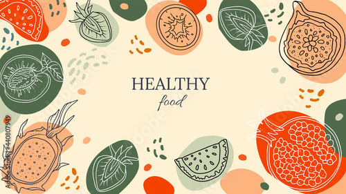 Fresh fruits, vegan, vegetarian food. Editable frames, web templates. Elegant background. Layout for business. For restaurant, cafe, food festival, fashion shops, brand. 
