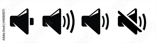 Set of volume icons isolated on white background. Mute and unmute volume sound flat vector icons for video apps and websites. Black volume sound vector illustration.