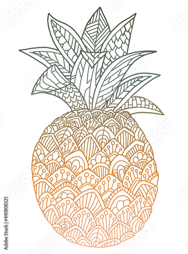 Ornate pineapple illustration. Isolated on white. Summer colorful background. Hand drawn tropical fruit with gradient.