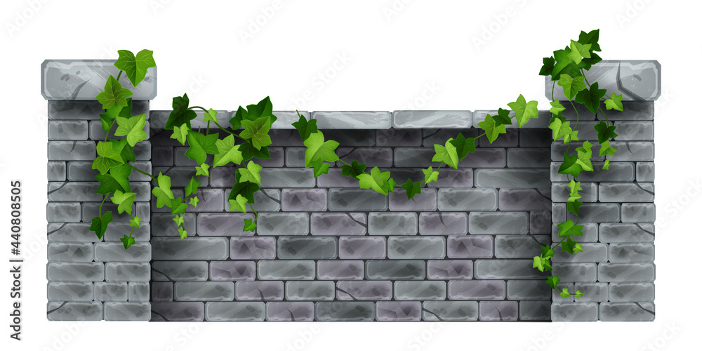 Brick stone fence vector illustration, house garden columns, ivy leaf,  creeper plant, facade street view. Outdoor gray old barrier, manor wall,  architecture design object. Brick cracked fence clipart Stock Vector | Adobe