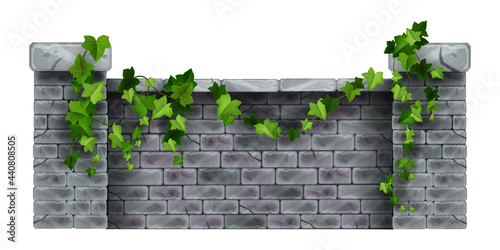Brick stone fence vector illustration, house garden columns, ivy leaf, creeper plant, facade street view. Outdoor gray old barrier, manor wall, architecture design object. Brick cracked fence clipart
