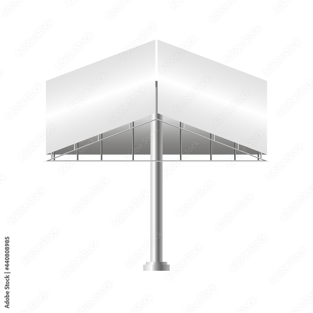 Obraz premium Three-sided blank billboard. Mockup and template for your advertisement and design. Realistic advertising construction. Outdoor big board. Vector illustration.