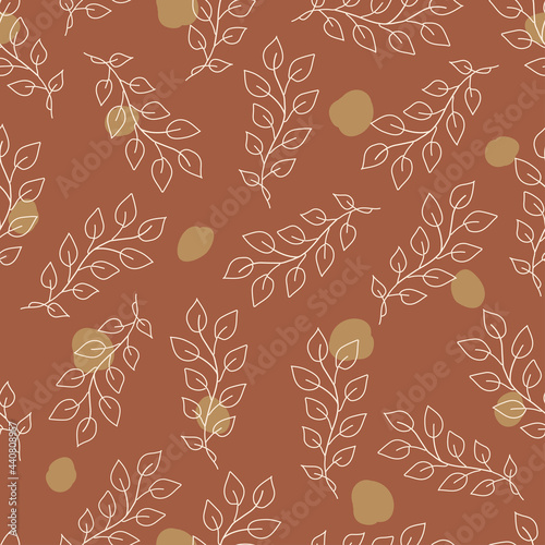 Aesthetical cute background. Seamless pattern with line drawn beige bohemian flowers  plants. Trendy design for wallpaper  textile  packing  fabric  paper. Natural pastel  earth colors