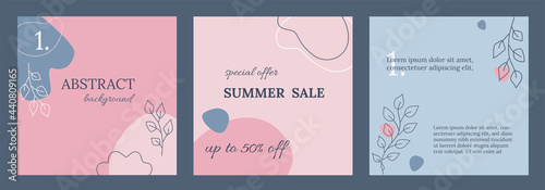 Editable social media frames, post templates. Pink, blue feminine colors. Cute, elegant background. Layout for business : sale, shop now. For fashion shops, brand. Set of 3. Square backgrounds
