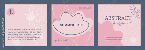 Editable social media frames, post templates. Pink, blue feminine colors. Cute, elegant background. Layout for business : sale, shop now. For fashion shops, brand. Set of 3. Square backgrounds