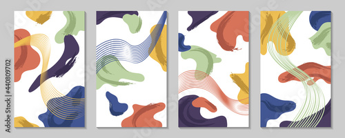 Vector minimalistic abstract art background with watercolor smudges and doodle shapes. Design for wall hangings, postcards, posters or brochures