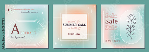 Editable social media frames, post templates. Gradient Aesthetic, elegant background. Futuristic vibe Layout for business:  new, sale, shop, follow. For fashion shops, brand, online coach.Set of 3