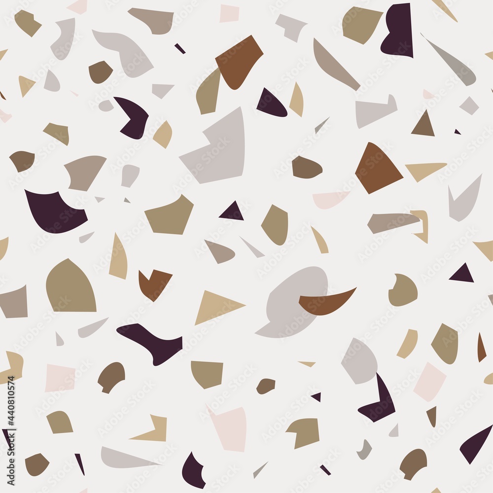 Terrazzo vector seamless pattern. Texture of Italian floor with chips of marble, quartz, granite, glass. Modern background design in natural colors.