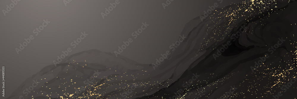 Modern watercolor background or elegant card design or banner or header with abstract black ink waves and golden splashes. - obrazy, fototapety, plakaty 