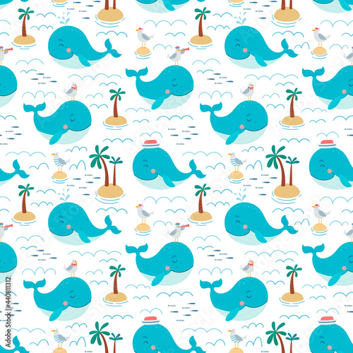Seamless baby pattern with cute whales, seagulls and palms.