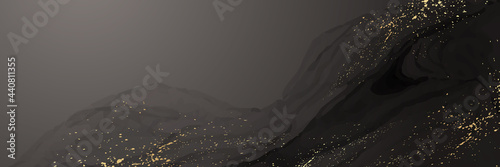 Modern watercolor background or elegant card design or banner or header with abstract black ink waves and golden splashes.