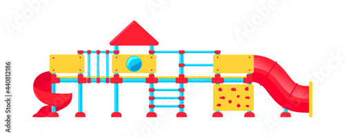 Kids playground equipment. City park with outdoor decor. Kids playground equipment