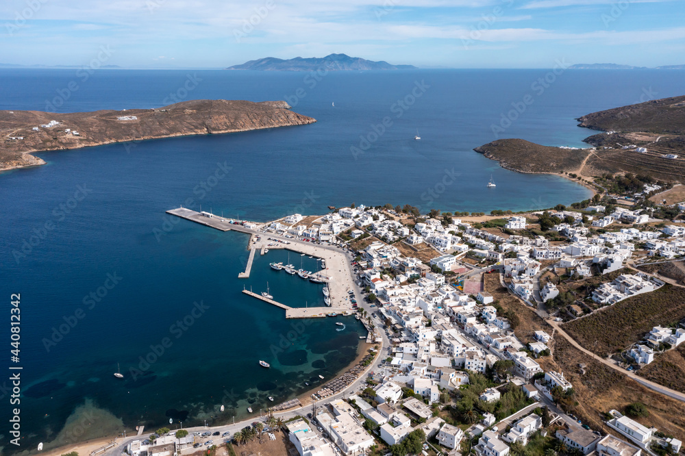 Serifos island, Greece, Cyclades, aerial drone view of Livadi and port