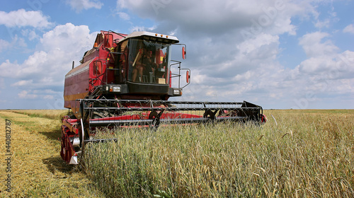 Harvester at work. Wheat field  harvesting  threshing.