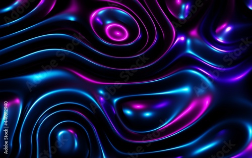 Abstract neon geometric background. Wavy gradient liquid round shape, glossy texture purple blue fluid flow. Dynamic 3d illustration surface for banner or poster design, trendy dark pattern wallpapers