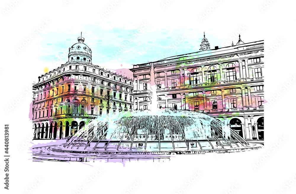 Building view with landmark of Genoa is the
city in Italy. Watercolor splash with hand drawn sketch illustration in vector.