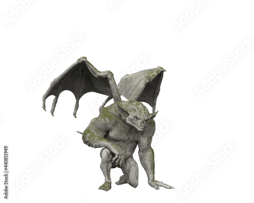 Slika na platnu 3D illustration of a fantasy demonic Gargoyle kneeling isolated on a white background
