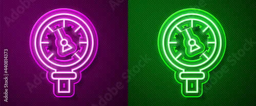Glowing neon line Pressure water meter icon isolated on purple and green background. Vector