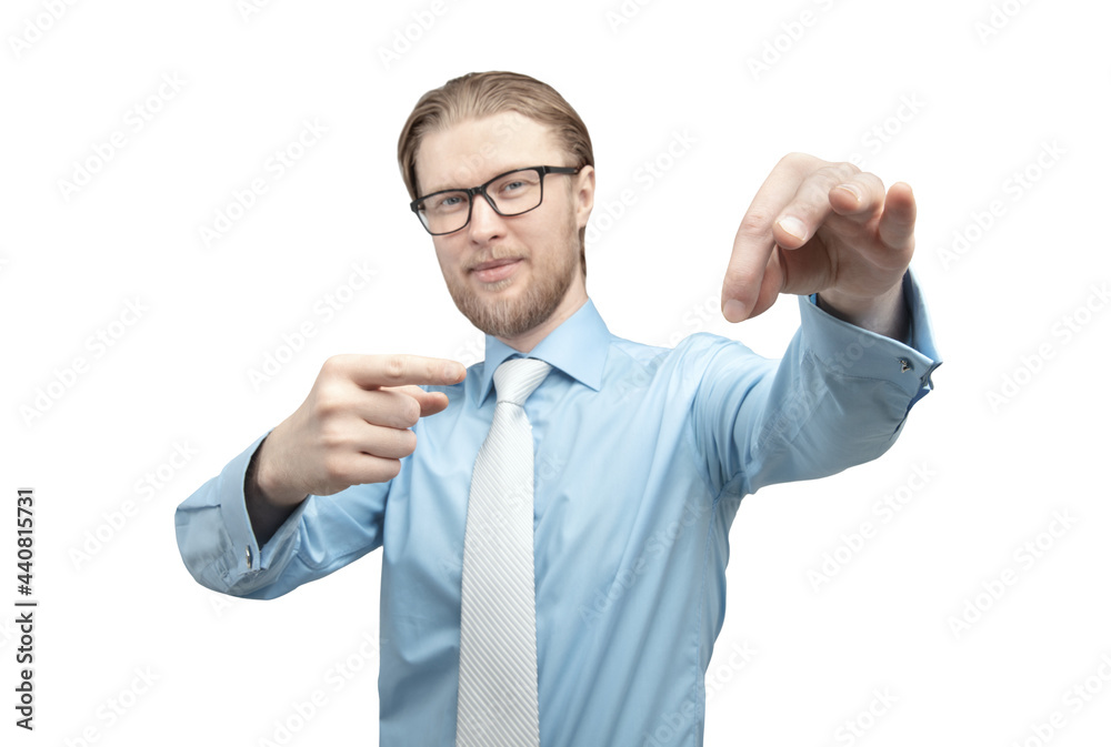 businessman holds in hand and showing fingers businessman holds in hand and showing fingers