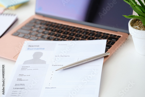 Ballpoint pen lying on resume document for employment near laptop closeup