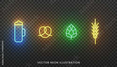 Oktoberfest neon icons. Bright sign of beer glass, pretzel, hop and wheat ear for Oktoberfest