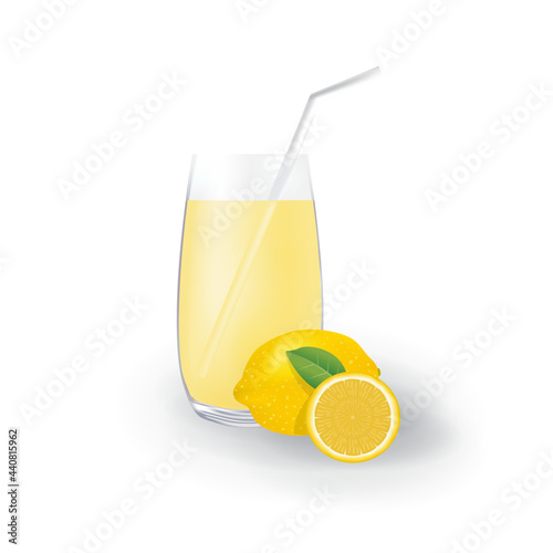 Realistic Lemon Fruit Juice in Glass Straw Healthy Organic Drink Illustration