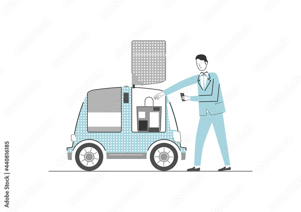 Autonomous delivery concept. Driverless delivery service with autonomous car and man receiving the goods. Flat vector illustration with limited colors. Autonomous delivery concept. Driverless delivery service with autonomous car and man receiving the goods. Flat vector illustration with limited colors.