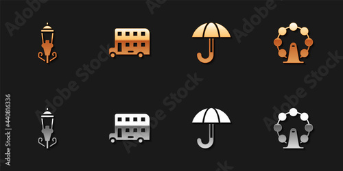 Set Vintage street light, Double decker bus, Umbrella and London eye icon. Vector