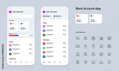 Banking App User Interface (UI) for Smartphones with Extra Set of Icons. Finance Investment Tools. Vector. photo