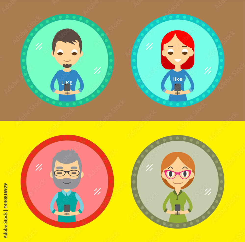 Set of Four Characters Icons with Device in the Hand. Take a selfie in the mirror with the Smartphone. Man and Woman.