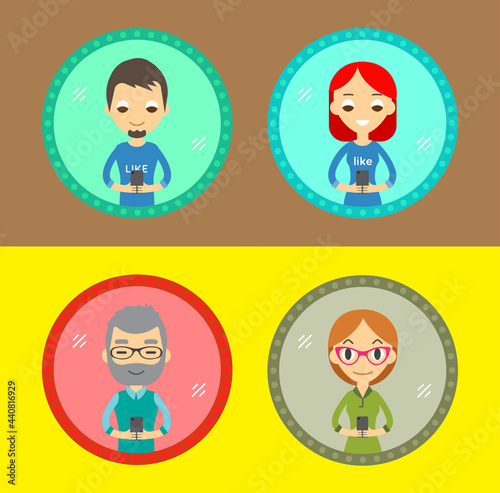 Set of Four Characters Icons with Device in the Hand. Take a selfie in the mirror with the Smartphone. Man and Woman.