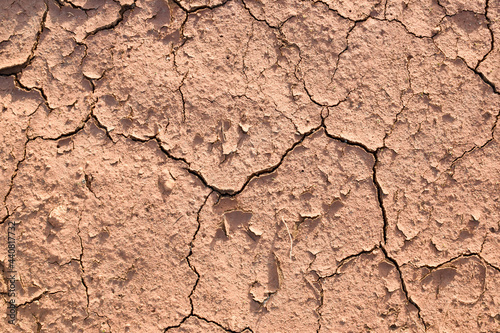 The texture of dried clay, red earth. Close-up of the soil