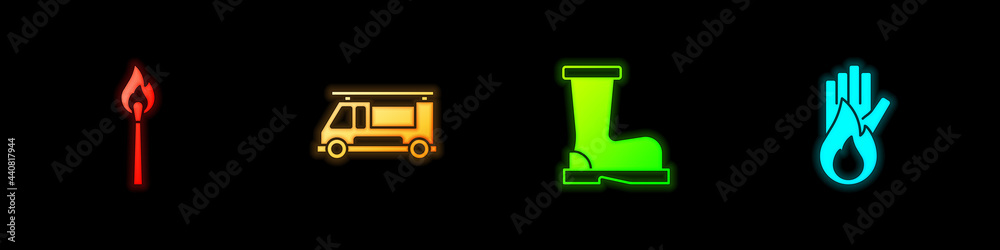 Set Burning match with fire, Fire truck, boots and No icon. Vector