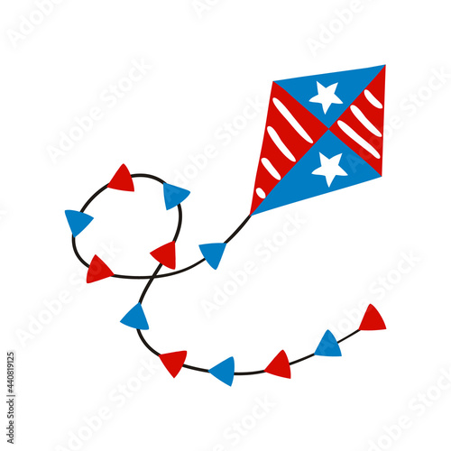 Kite by July 4th in national colors of United States of America. Object for USA Independence or Election Day. Hand drawn Vector illustration for a festive decoration in doodle style.