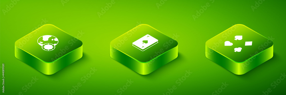 Set Isometric Playing card with spades, Deck of playing cards and Casino chips icon. Vector Set Isometric Playing card with spades, Deck of playing cards and Casino chips icon. Vector