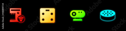 Set Smart coffee machine, bathroom scales, Web camera and Water sensor icon. Vector