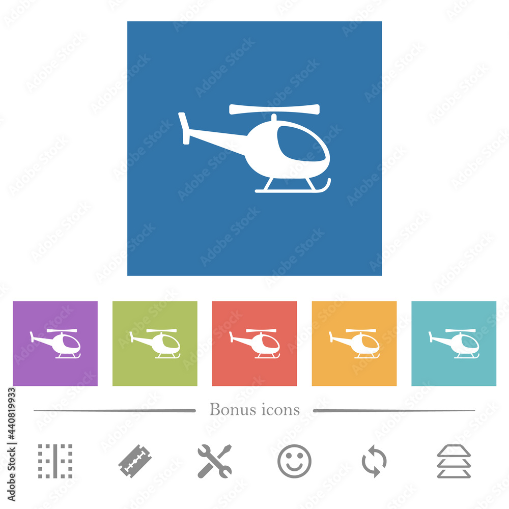 Helicopter silhouette flat white icons in square backgrounds