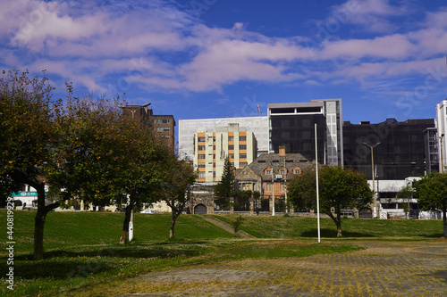 Nature and buildings, city ​​buildings surrounded by trees from adjoining parks