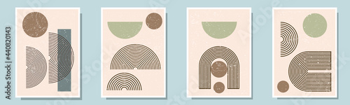 Trendy set of four abstract creative minimalist artistic hand painted composition ideal for wall decoration, as postcard or brochure design, vector illustration