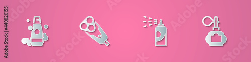 Set paper cut Bottle of shampoo, Electric razor blade, Spray can for hairspray and Aftershave icon. Paper art style. Vector