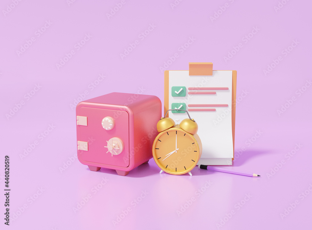 Checklist on a clipboard paper Safe box and alarm clock gold, asset exchange earning Finance saving concept. cartoon style minimal on purple pastel background, copy space, 3D render illustration Checklist on a clipboard paper Safe box and alarm clock gold, asset exchange earning Finance saving concept. cartoon style minimal on purple pastel background, copy space, 3D render illustration