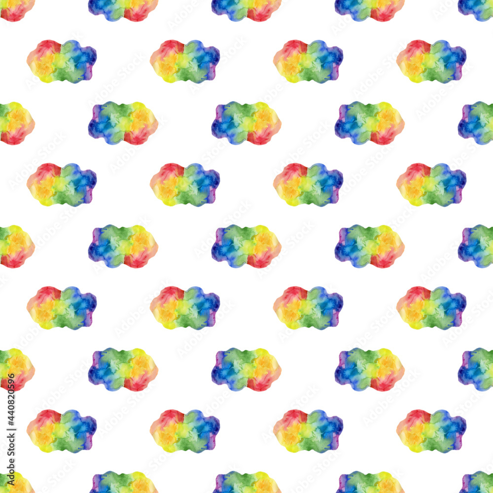 Watercolor rainbow spots and clouds seamless pattern isolated on white background. Hand painting gay pride illustration.