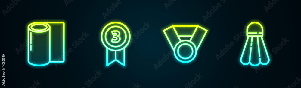 Set line Fitness mat roll, Medal, and Badminton shuttlecock. Glowing neon icon. Vector Set line Fitness mat roll, Medal, and Badminton shuttlecock. Glowing neon icon. Vector