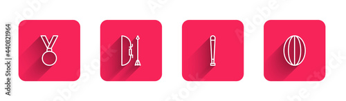 Set line Medal, Bow and arrow in quiver, Baseball bat and Rugby with long shadow. Red square button. Vector