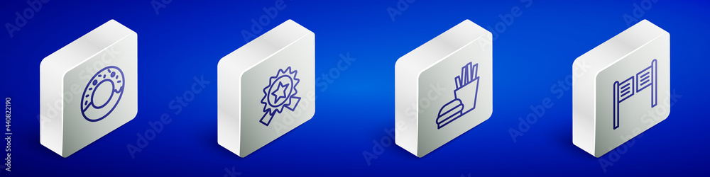 Set Isometric line Donut, Medal with star, Burger and french fries and Saloon door icon. Vector Set Isometric line Donut, Medal with star, Burger and french fries and Saloon door icon. Vector