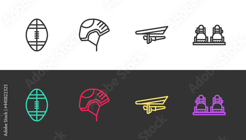 Set line Rugby ball, Helmet, Hang glider and Snowboard on black and white. Vector
