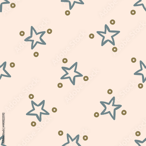 Seamless background star gender neutral pattern. Whimsical minimal earthy 2 tone color. kids nursery wallpaper or boho cartoon sky fashion all over print.